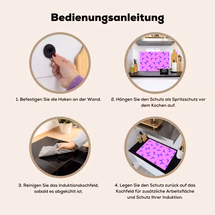 2-in-1 Herdabdeckplatte & Spritzschutz - pattern-3 - Kwadranten - Paars - Roze - Vierkanten Inductie beschemer met haakjes klein 777