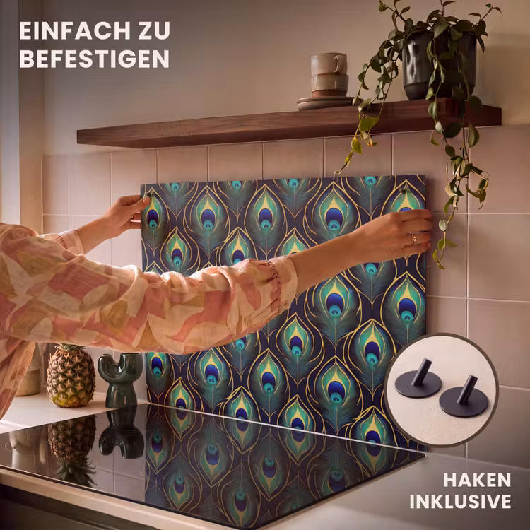 2-in-1 Herdabdeckplatte & Spritzschutz - Pfau - Federn - Grün - Pauw - Veren - Groen Inductie beschemer met haakjes klein 777