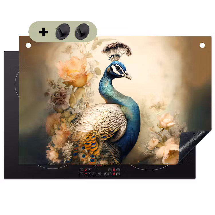 2-in-1 Herdabdeckplatte & Spritzschutz - Pfau - Pfauenfedern - Blumen - Botanisch - Pauw - Pauwenveren - Bloemen - Vogels - Botanisch Inductie beschemer met haakjes klein