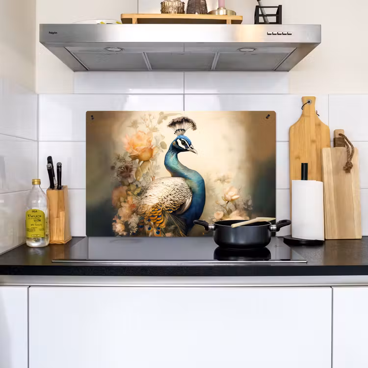2-in-1 Herdabdeckplatte & Spritzschutz - Pfau - Pfauenfedern - Blumen - Botanisch - Pauw - Pauwenveren - Bloemen - Vogels - Botanisch Inductie beschemer met haakjes klein