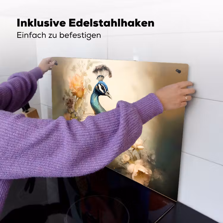 2-in-1 Herdabdeckplatte & Spritzschutz - Pfau - Pfauenfedern - Blumen - Botanisch - Pauw - Pauwenveren - Bloemen - Vogels - Botanisch Inductie beschemer met haakjes klein
