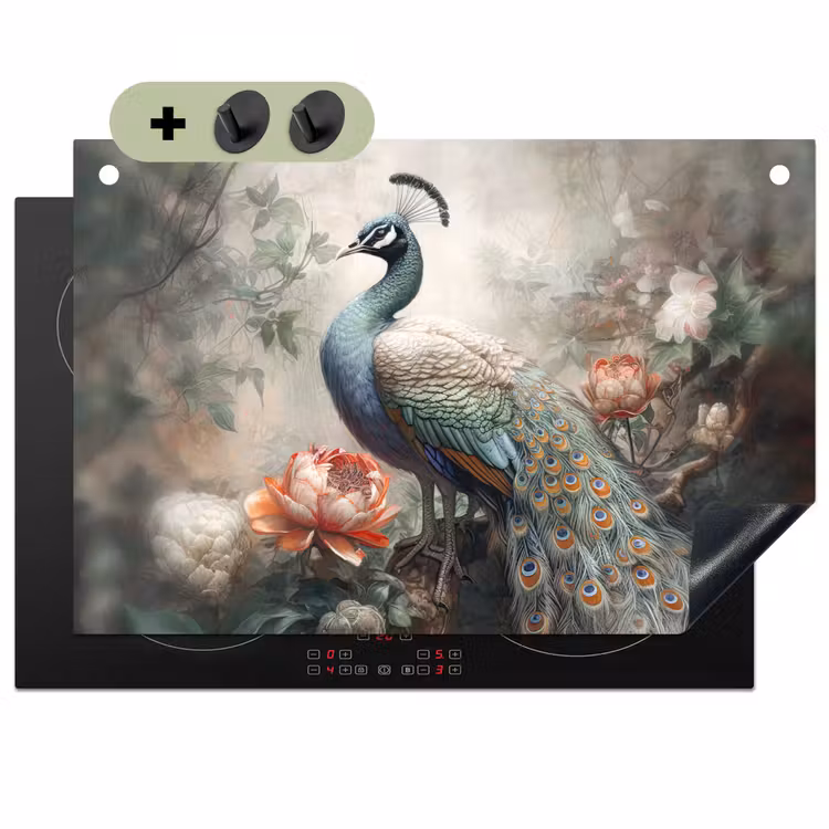 2-in-1 Herdabdeckplatte & Spritzschutz - Pfau - Pfauenfedern - Vogel - Dschungel - Blumen - Pauw - Pauwenveren - Vogel - Jungle - Bloemen Inductie beschemer met haakjes klein