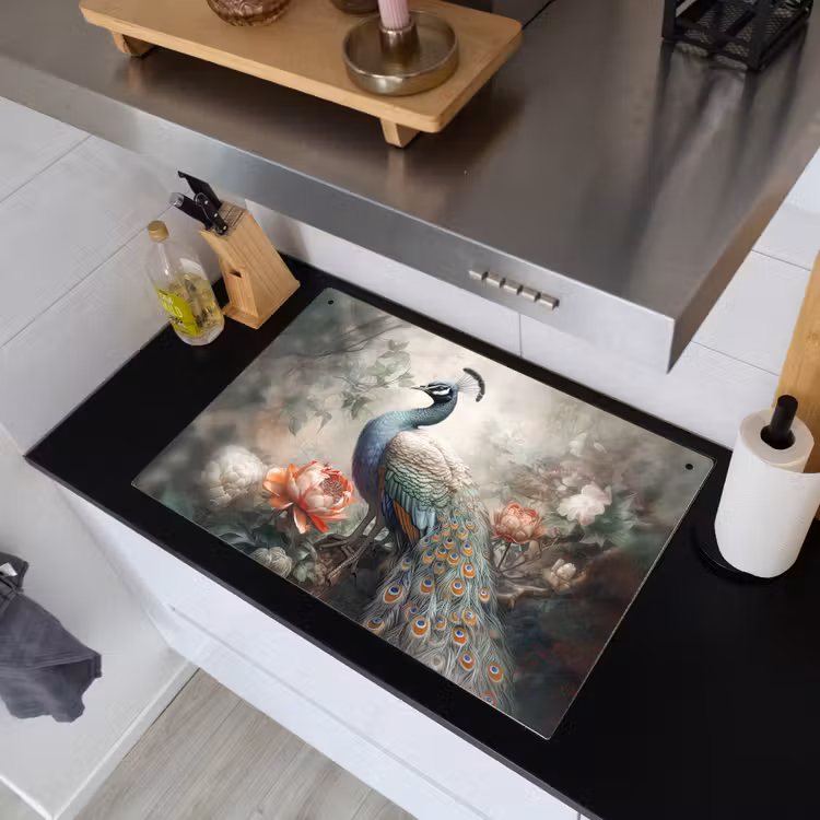 2-in-1 Herdabdeckplatte & Spritzschutz - Pfau - Pfauenfedern - Vogel - Dschungel - Blumen - Pauw - Pauwenveren - Vogel - Jungle - Bloemen Inductie beschemer met haakjes klein