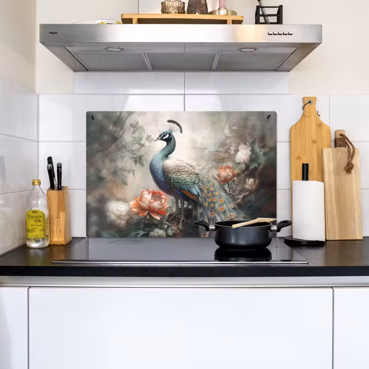 2-in-1 Herdabdeckplatte & Spritzschutz - Pfau - Pfauenfedern - Vogel - Dschungel - Blumen - Pauw - Pauwenveren - Vogel - Jungle - Bloemen Inductie beschemer met haakjes klein