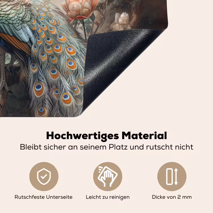 2-in-1 Herdabdeckplatte & Spritzschutz - Pfau - Pfauenfedern - Vogel - Dschungel - Blumen - Pauw - Pauwenveren - Vogel - Jungle - Bloemen Inductie beschemer met haakjes klein