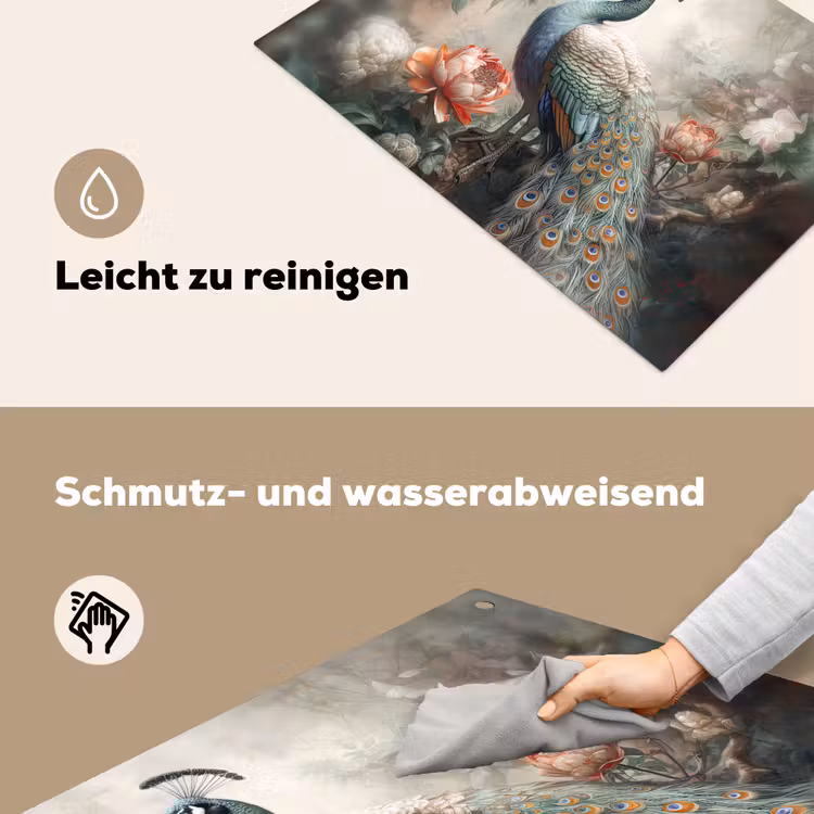 2-in-1 Herdabdeckplatte & Spritzschutz - Pfau - Pfauenfedern - Vogel - Dschungel - Blumen - Pauw - Pauwenveren - Vogel - Jungle - Bloemen Inductie beschemer met haakjes klein