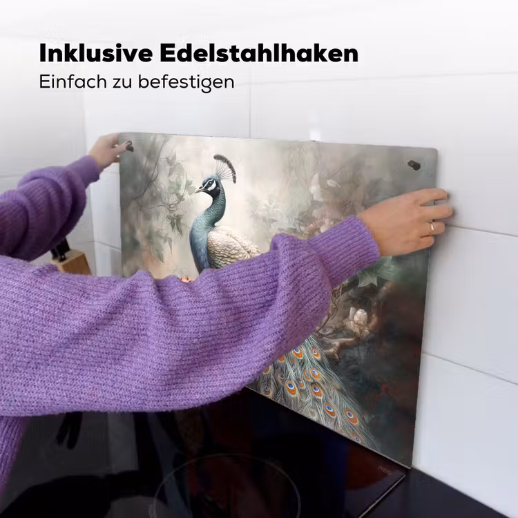 2-in-1 Herdabdeckplatte & Spritzschutz - Pfau - Pfauenfedern - Vogel - Dschungel - Blumen - Pauw - Pauwenveren - Vogel - Jungle - Bloemen Inductie beschemer met haakjes klein