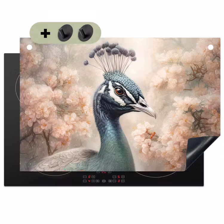 2-in-1 Herdabdeckplatte & Spritzschutz - Pfau - Vögel - Blumen - Baum - Botanisch - Pauw - Vogels - Bloemen - Boom - Botanisch Inductie beschemer met haakjes klein