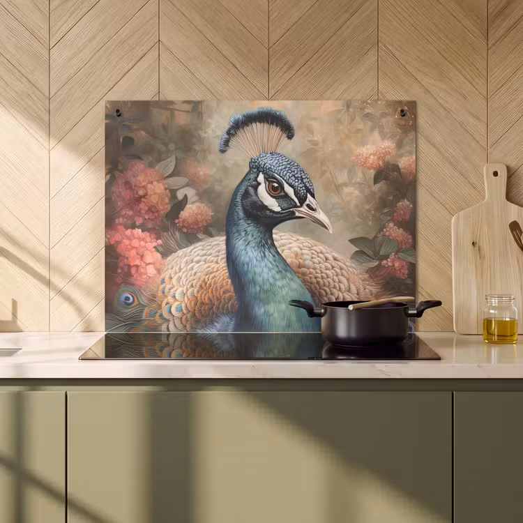 2-in-1 Herdabdeckplatte & Spritzschutz - Pfau - Vogel - Pflanzen - Pfauenfedern - Pauw - Vogel - Bloemen - Planten - Pauwenveren Inductie beschemer met haakjes klein