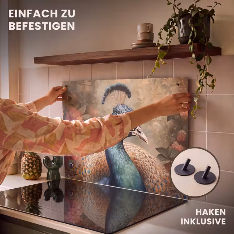 2-in-1 Herdabdeckplatte & Spritzschutz - Pfau - Vogel - Pflanzen - Pfauenfedern - Pauw - Vogel - Bloemen - Planten - Pauwenveren Inductie beschemer met haakjes klein