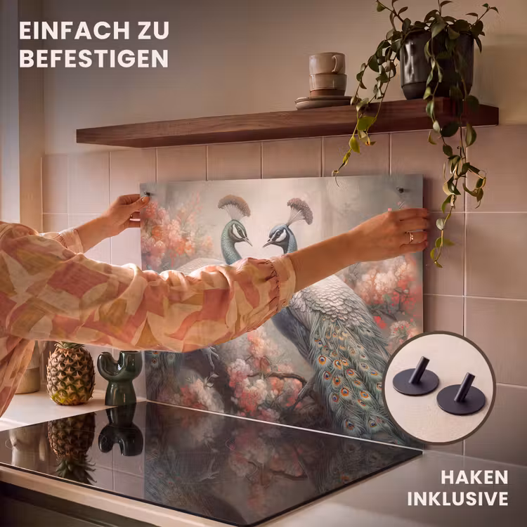 2-in-1 Herdabdeckplatte & Spritzschutz - Pfaue - Pfauenfedern - Vögel - Natur - Pauwen - Pauwenveren - Vogels - Bloemen - Natuur Inductie beschemer met haakjes klein