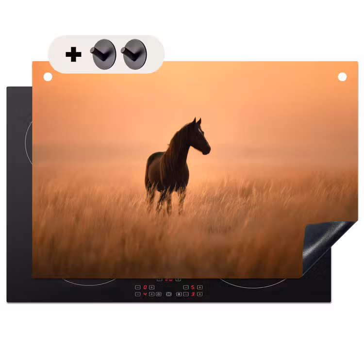 2-in-1 Herdabdeckplatte & Spritzschutz - Pferd - Wiese - Sonnenuntergang - Paard - Grasveld - Zonsondergang Inductie beschemer met haakjes klein
