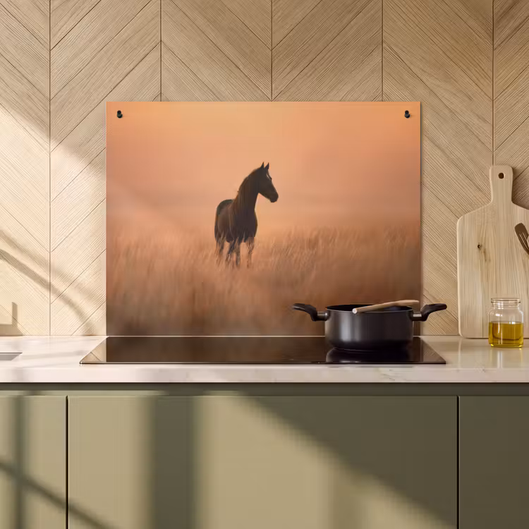 2-in-1 Herdabdeckplatte & Spritzschutz - Pferd - Wiese - Sonnenuntergang - Paard - Grasveld - Zonsondergang Inductie beschemer met haakjes klein
