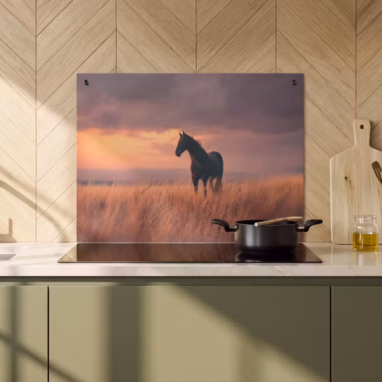 2-in-1 Herdabdeckplatte & Spritzschutz - Pferd - Wolken - Offenes Feld - Paard - Wolken - Open veld Inductie beschemer met haakjes klein