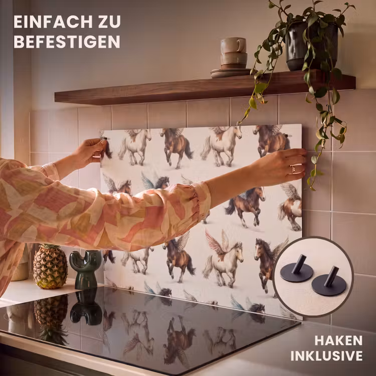 2-in-1 Herdabdeckplatte & Spritzschutz - Pferde - Flügel - Farbenfroh - Paarden - Vleugels - Kleurrijk Inductie beschemer met haakjes klein 777