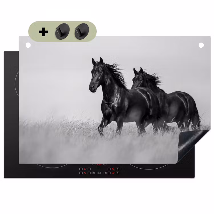 Paarden - Gras - Zwart - Wit Inductie beschemer met haakjes klein -3d