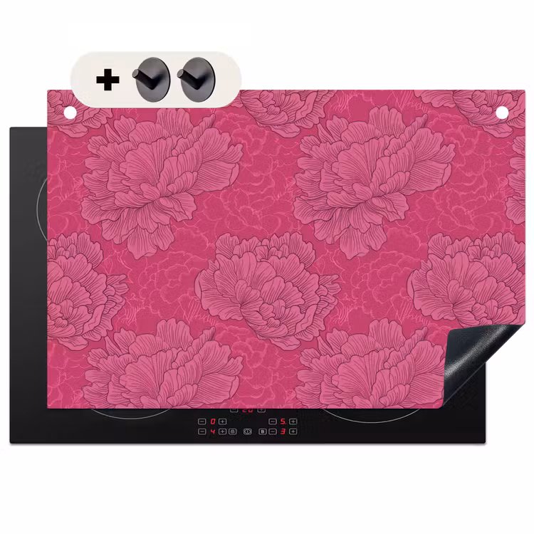 2-in-1 Herdabdeckplatte & Spritzschutz - Pfingstrosen - Energetisch - Rosa - Pioenrozen - Energiek - Roze Inductie beschemer met haakjes klein 777