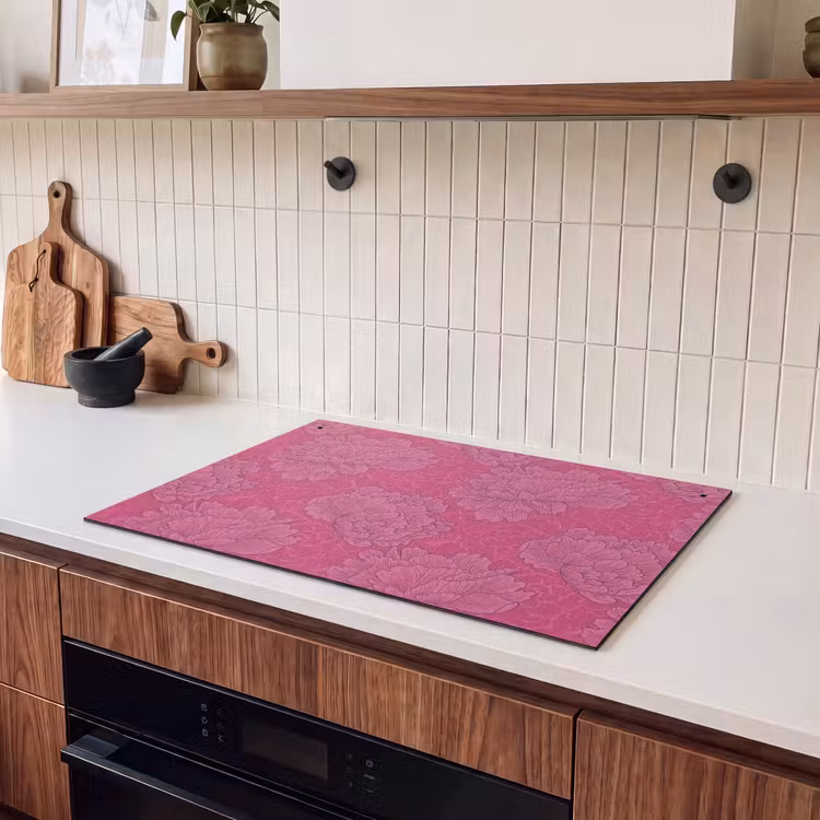 2-in-1 Herdabdeckplatte & Spritzschutz - Pfingstrosen - Energetisch - Rosa - Pioenrozen - Energiek - Roze Inductie beschemer met haakjes klein 777
