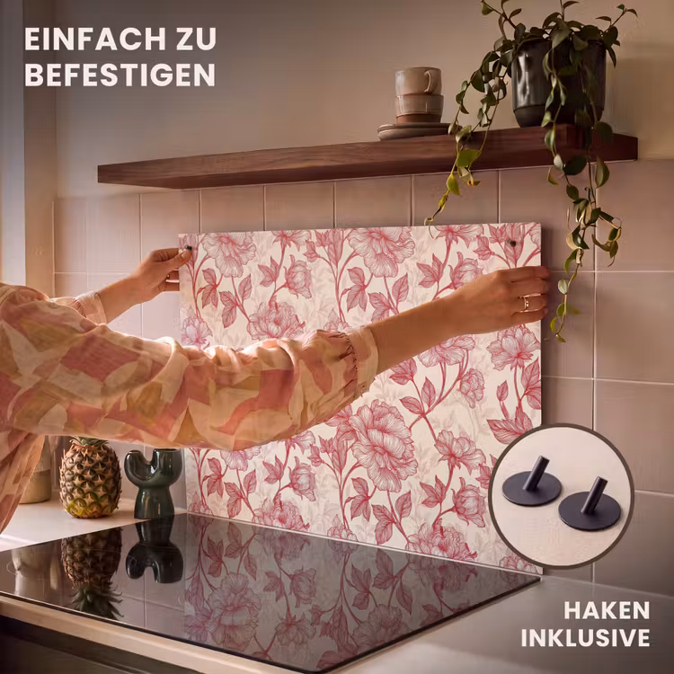 2-in-1 Herdabdeckplatte & Spritzschutz - Pfingstrosen - Modern - Rot - Pioenrozen - Modern - Rood Inductie beschemer met haakjes klein 777