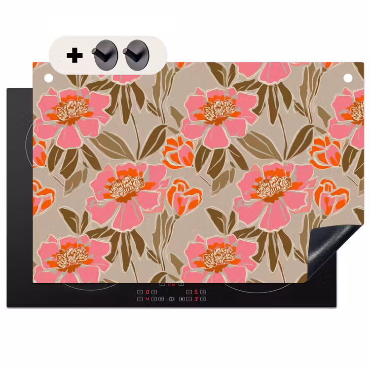 2-in-1 Herdabdeckplatte & Spritzschutz - Pfingstrosen - Muster - Rosa - Pioenrozen - Patroon - Roze Inductie beschemer met haakjes klein 777