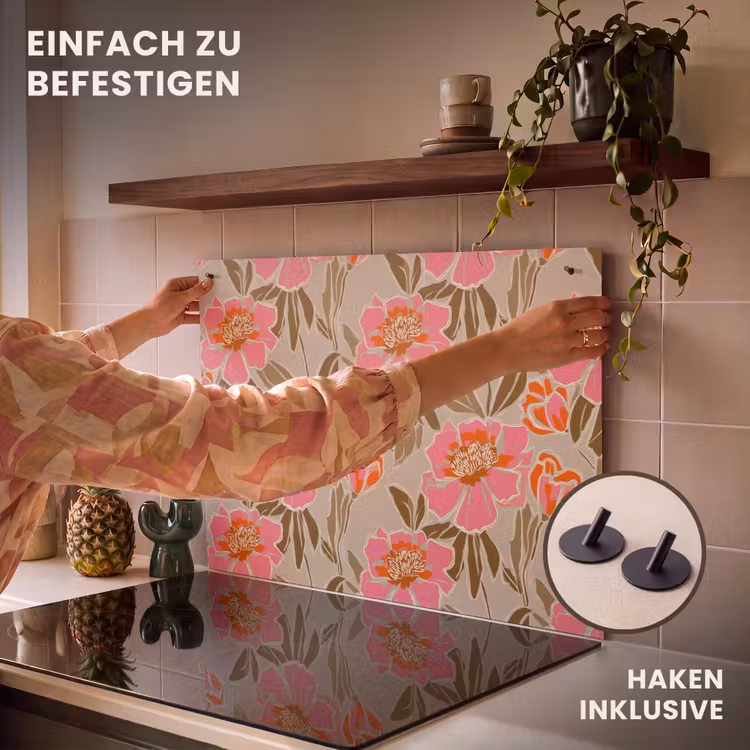 2-in-1 Herdabdeckplatte & Spritzschutz - Pfingstrosen - Muster - Rosa - Pioenrozen - Patroon - Roze Inductie beschemer met haakjes klein 777