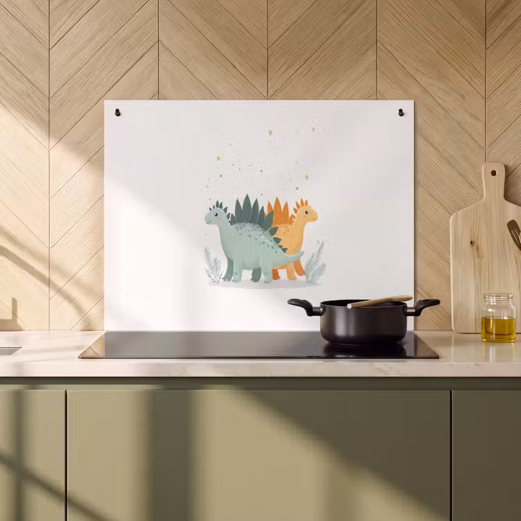 2-in-1 Herdabdeckplatte & Spritzschutz - Pflanzen - Sterne - Dinosaurier - Orange - Planten - Sterren - Dinosaurussen - Oranje Inductie beschemer met haakjes klein