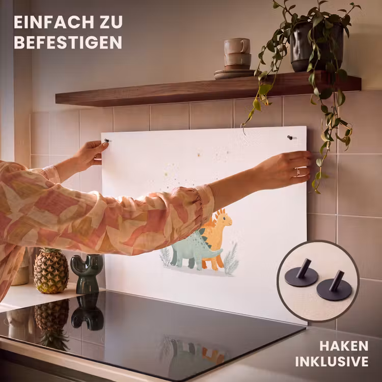 2-in-1 Herdabdeckplatte & Spritzschutz - Pflanzen - Sterne - Dinosaurier - Orange - Planten - Sterren - Dinosaurussen - Oranje Inductie beschemer met haakjes klein