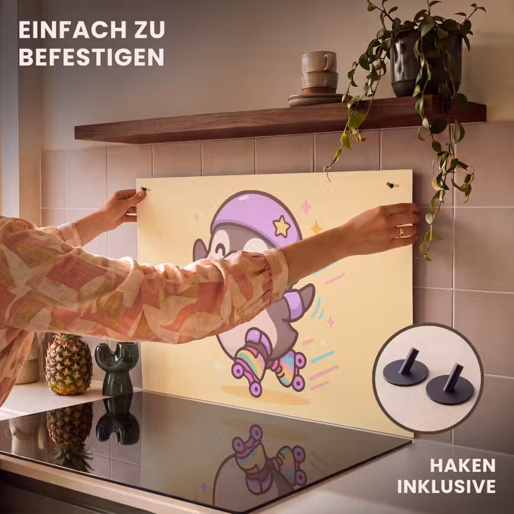 2-in-1 Herdabdeckplatte & Spritzschutz - Pinguin - Rollschuhe - Gelb - Energetisch — 7
