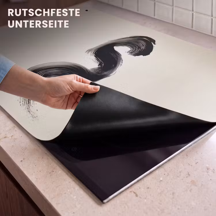 2-in-1 Herdabdeckplatte & Spritzschutz - Pinselstrich - Schwarz - Minimalistisch - Penseelstreek - Zwart - Minimalistisch Inductie beschemer met haakjes klein