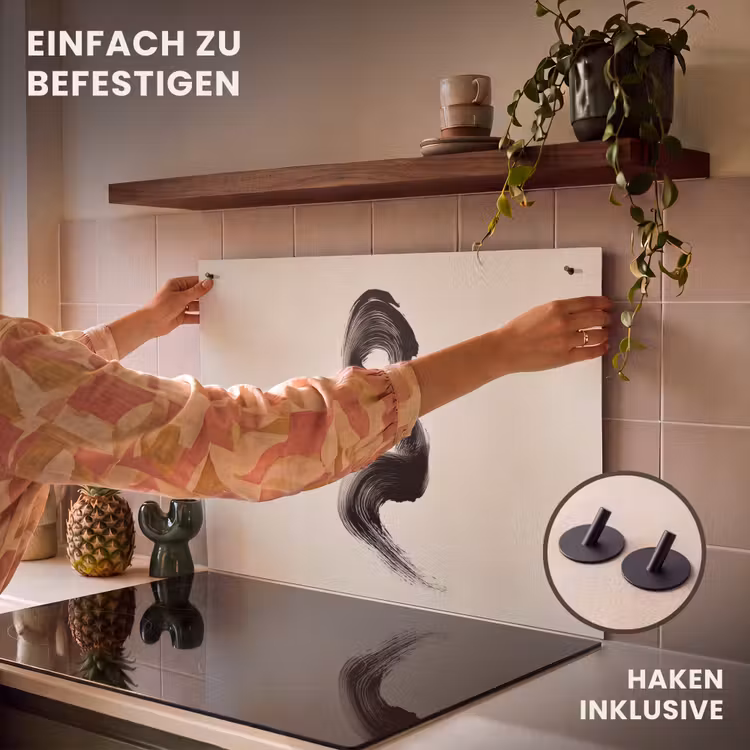 2-in-1 Herdabdeckplatte & Spritzschutz - Pinselstrich - Schwarz - Minimalistisch - Penseelstreek - Zwart - Minimalistisch Inductie beschemer met haakjes klein