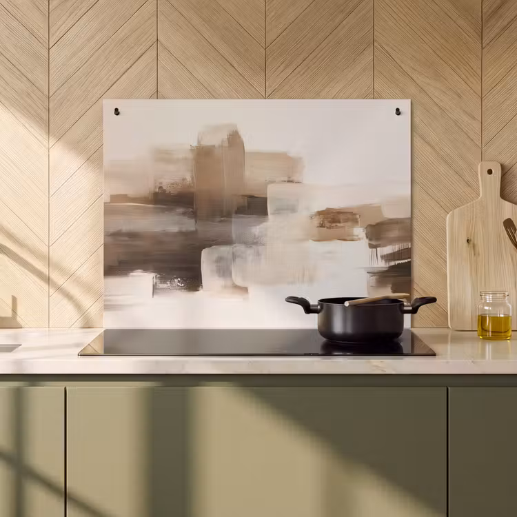 2-in-1 Herdabdeckplatte & Spritzschutz - Pinselstriche - Abstrakte Landschaft - Ruhe - Penseelstreken - Abstract landschap - Rust Inductie beschemer met haakjes klein