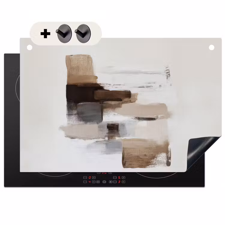 2-in-1 Herdabdeckplatte & Spritzschutz - Pinselstriche - Balance - Beige - Braun - Penseelstreken - Balans - Beige - Bruin Inductie beschemer met haakjes klein