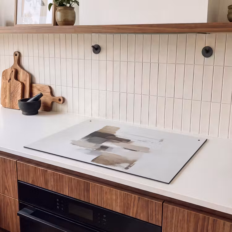 2-in-1 Herdabdeckplatte & Spritzschutz - Pinselstriche - Balance - Beige - Braun - Penseelstreken - Balans - Beige - Bruin Inductie beschemer met haakjes klein