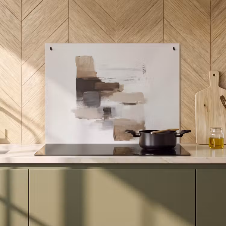 2-in-1 Herdabdeckplatte & Spritzschutz - Pinselstriche - Balance - Beige - Braun - Penseelstreken - Balans - Beige - Bruin Inductie beschemer met haakjes klein