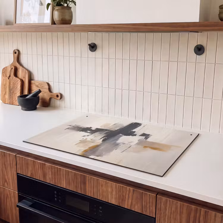 2-in-1 Herdabdeckplatte & Spritzschutz - Pinselstriche - Grob - Abstrakt - Beige - Penseelstreken - Ruw - Abstract - Beige Inductie beschemer met haakjes klein