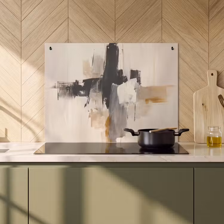 2-in-1 Herdabdeckplatte & Spritzschutz - Pinselstriche - Grob - Abstrakt - Beige - Penseelstreken - Ruw - Abstract - Beige Inductie beschemer met haakjes klein