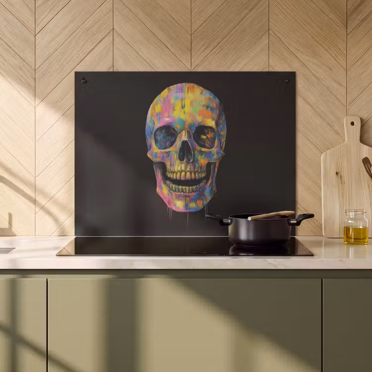 2-in-1 Herdabdeckplatte & Spritzschutz - Pinselstriche - Totenkopf - Farbenfroh - Abstrakt - Penseelstreken - Schedel - Kleurrijk - Abstract Inductie beschemer met haakjes klein