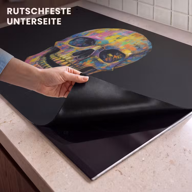 2-in-1 Herdabdeckplatte & Spritzschutz - Pinselstriche - Totenkopf - Farbenfroh - Abstrakt - Penseelstreken - Schedel - Kleurrijk - Abstract Inductie beschemer met haakjes klein