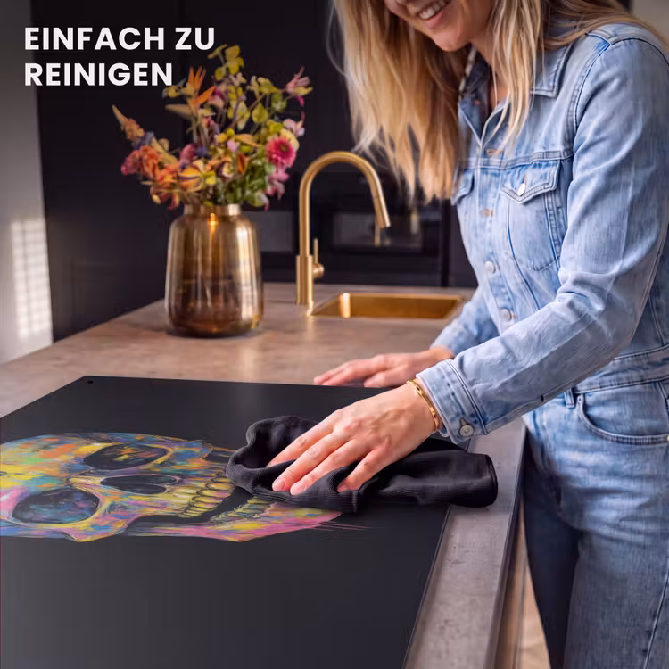 2-in-1 Herdabdeckplatte & Spritzschutz - Pinselstriche - Totenkopf - Farbenfroh - Abstrakt - Penseelstreken - Schedel - Kleurrijk - Abstract Inductie beschemer met haakjes klein