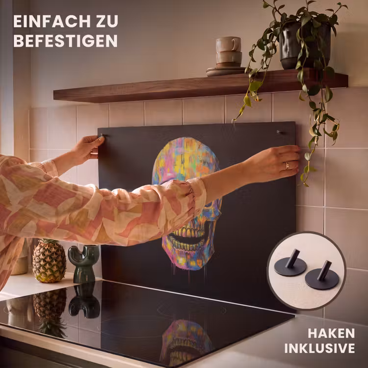 2-in-1 Herdabdeckplatte & Spritzschutz - Pinselstriche - Totenkopf - Farbenfroh - Abstrakt - Penseelstreken - Schedel - Kleurrijk - Abstract Inductie beschemer met haakjes klein