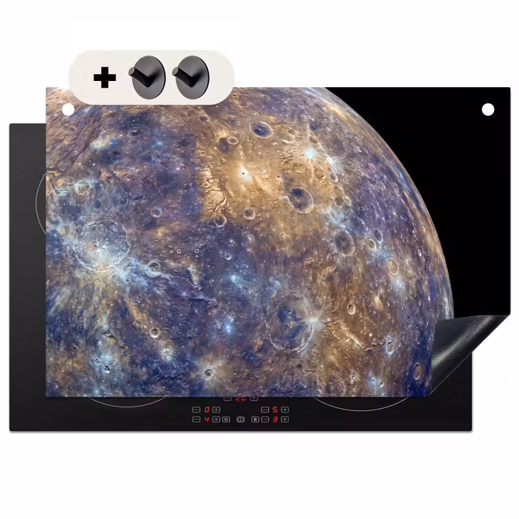 2-in-1 Herdabdeckplatte & Spritzschutz - Planet – Krater – Weltraum - Planeet - Kraters - Ruimte Inductie beschemer met haakjes klein