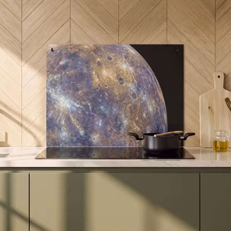 2-in-1 Herdabdeckplatte & Spritzschutz - Planet – Krater – Weltraum - Planeet - Kraters - Ruimte Inductie beschemer met haakjes klein