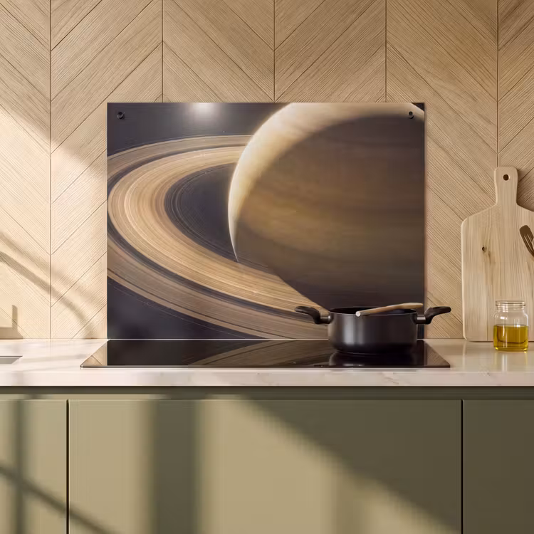 2-in-1 Herdabdeckplatte & Spritzschutz - Planet – Ringe – Weltraum - Planeet - Ringen - Ruimte Inductie beschemer met haakjes klein