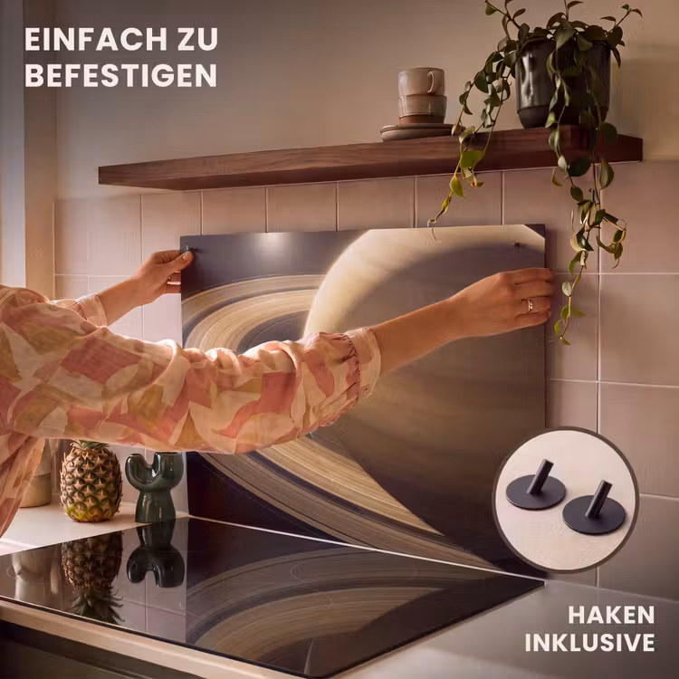 2-in-1 Herdabdeckplatte & Spritzschutz - Planet – Ringe – Weltraum - Planeet - Ringen - Ruimte Inductie beschemer met haakjes klein