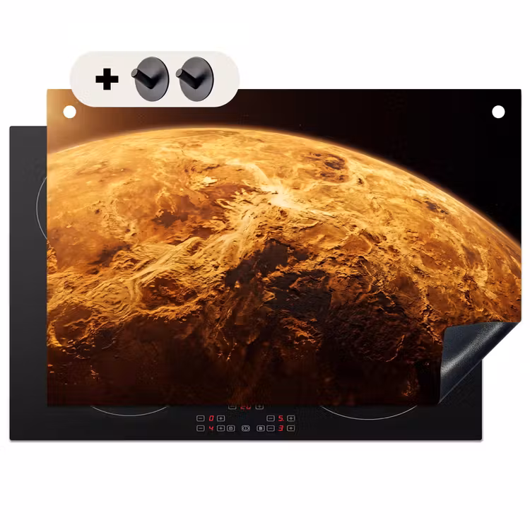 2-in-1 Herdabdeckplatte & Spritzschutz - Planet – Weltraum – Orange - Planeet - Ruimte - Oranje Inductie beschemer met haakjes klein