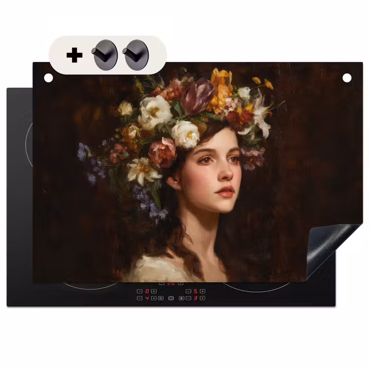 2-in-1 Herdabdeckplatte & Spritzschutz - Porträt - Frau - Blumen - Portret - Vrouw - Bloemen Inductie beschemer met haakjes klein