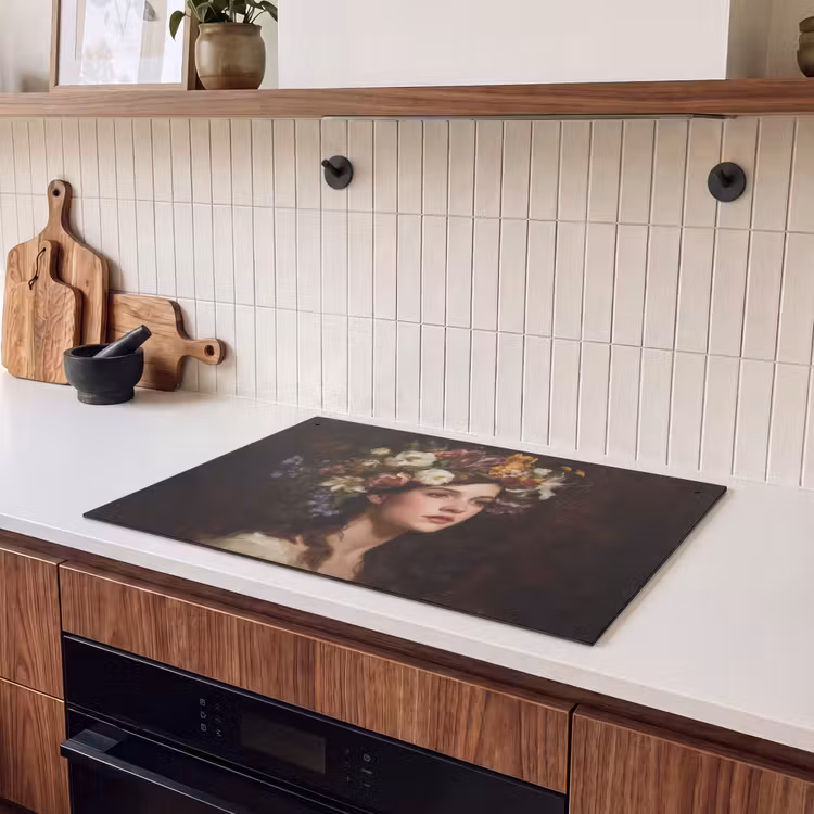 2-in-1 Herdabdeckplatte & Spritzschutz - Porträt - Frau - Blumen - Portret - Vrouw - Bloemen Inductie beschemer met haakjes klein