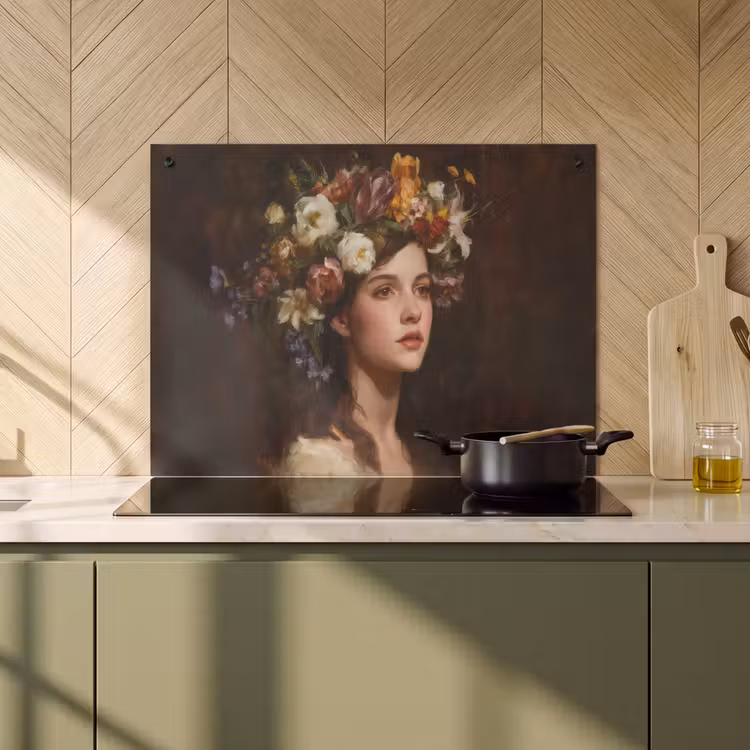 2-in-1 Herdabdeckplatte & Spritzschutz - Porträt - Frau - Blumen - Portret - Vrouw - Bloemen Inductie beschemer met haakjes klein