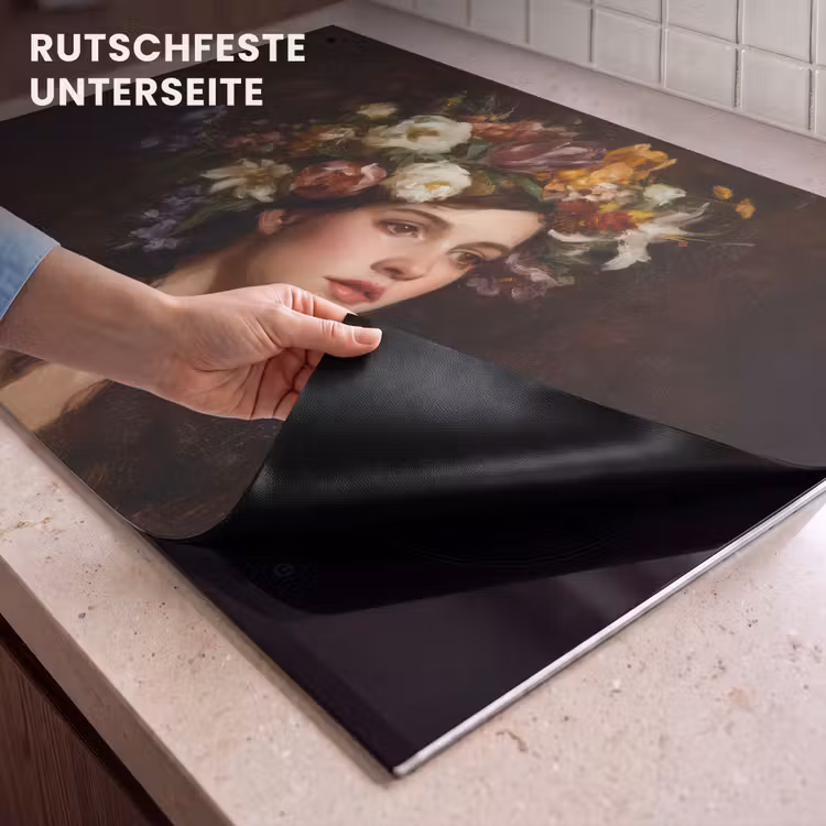 2-in-1 Herdabdeckplatte & Spritzschutz - Porträt - Frau - Blumen - Portret - Vrouw - Bloemen Inductie beschemer met haakjes klein