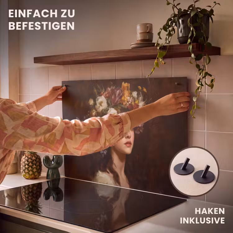 2-in-1 Herdabdeckplatte & Spritzschutz - Porträt - Frau - Blumen - Portret - Vrouw - Bloemen Inductie beschemer met haakjes klein